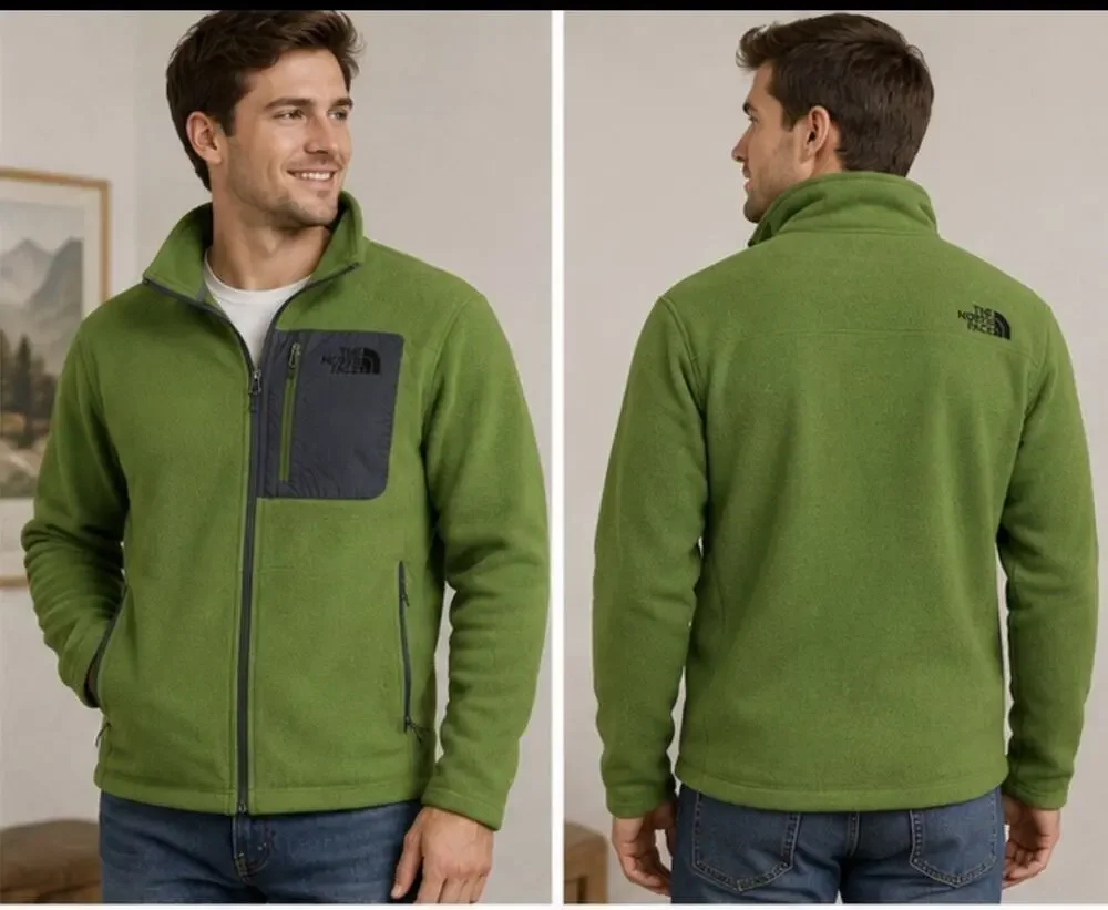 The North Face Men’s Full Zip Fleece Jacket Green Chest Pocket Size Medium